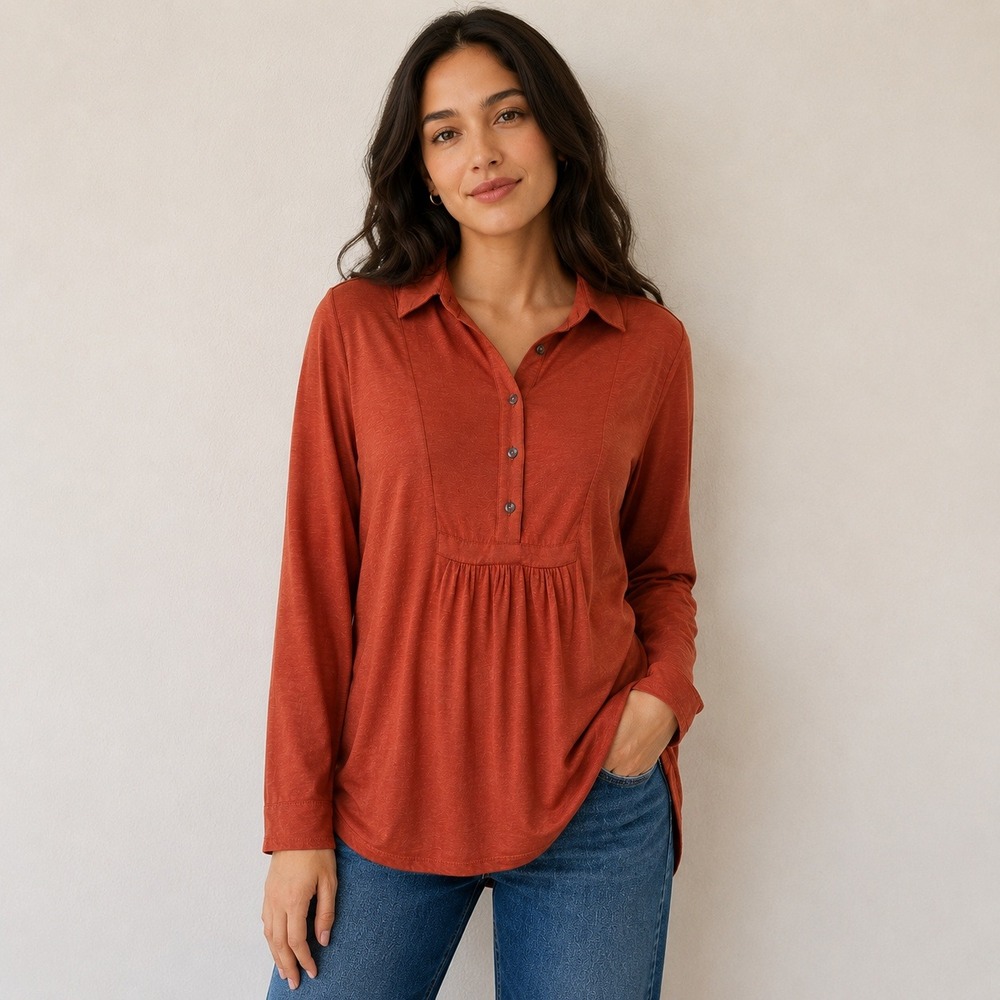 Lucky Brand Womens Large Rust Orange Mixed Media Henley Tunic Top Long Sleeve